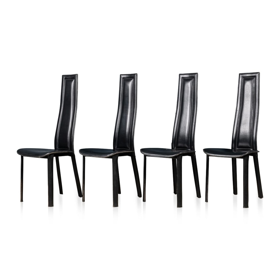 20thC ITALIAN SET OF FOUR "ALICE" DINING CHAIRS BY GIORGIO CATTELAN FOR EMMEPI: A fantastic set of four "Alice" chairs by Giorgio Cattelan for Emmepi Italia. The metal structure cladded with stitched black leather, designed in 1984 by Giorgio Cattelan and was immediately a