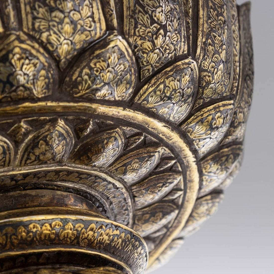 ANTIQUE 19thC THAI SOLID SILVER-GILT NIELLO ENAMEL LARGE BOWL, SIAM c.1800 - 12