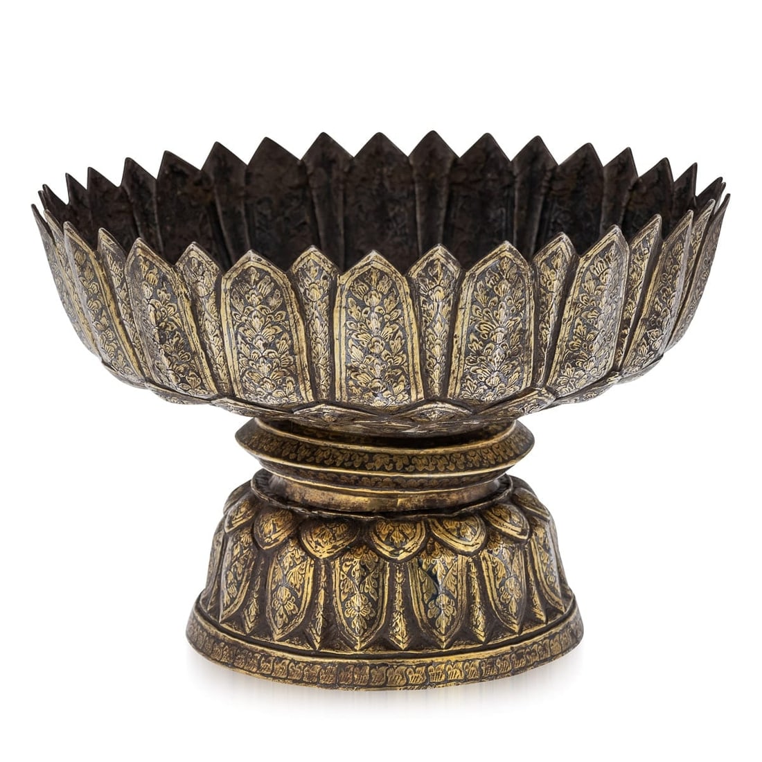 ANTIQUE 19thC THAI SOLID SILVER-GILT NIELLO ENAMEL LARGE BOWL, SIAM c.1800: Antique early-19th Century extremely rare & fine large solid silver niello bowl, stylised leaf shaped rim and domed spreading foot, repousse decorated with dense floral gilded ground. Nielloware a