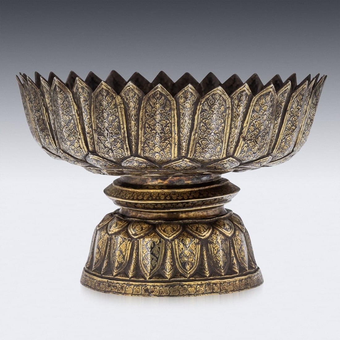 ANTIQUE 19thC THAI SOLID SILVER-GILT NIELLO ENAMEL LARGE BOWL, SIAM c.1800 - 4
