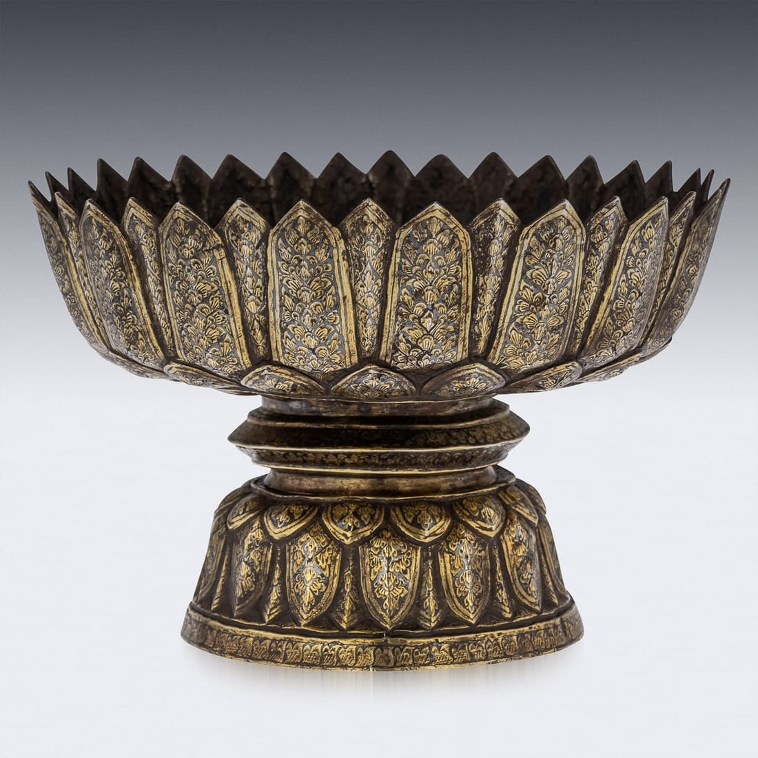 ANTIQUE 19thC THAI SOLID SILVER-GILT NIELLO ENAMEL LARGE BOWL, SIAM c.1800 - 5