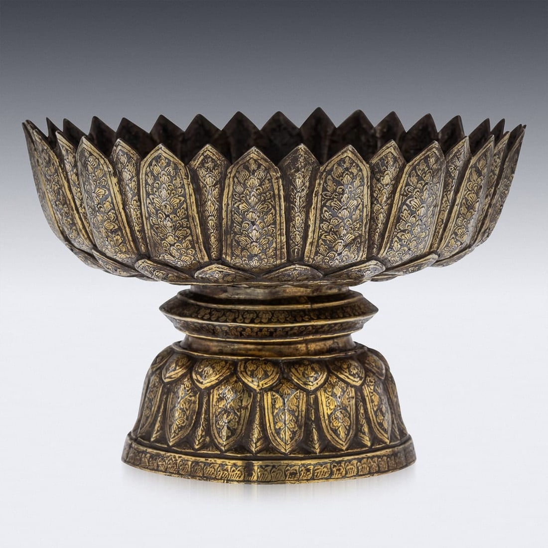 ANTIQUE 19thC THAI SOLID SILVER-GILT NIELLO ENAMEL LARGE BOWL, SIAM c.1800 - 6