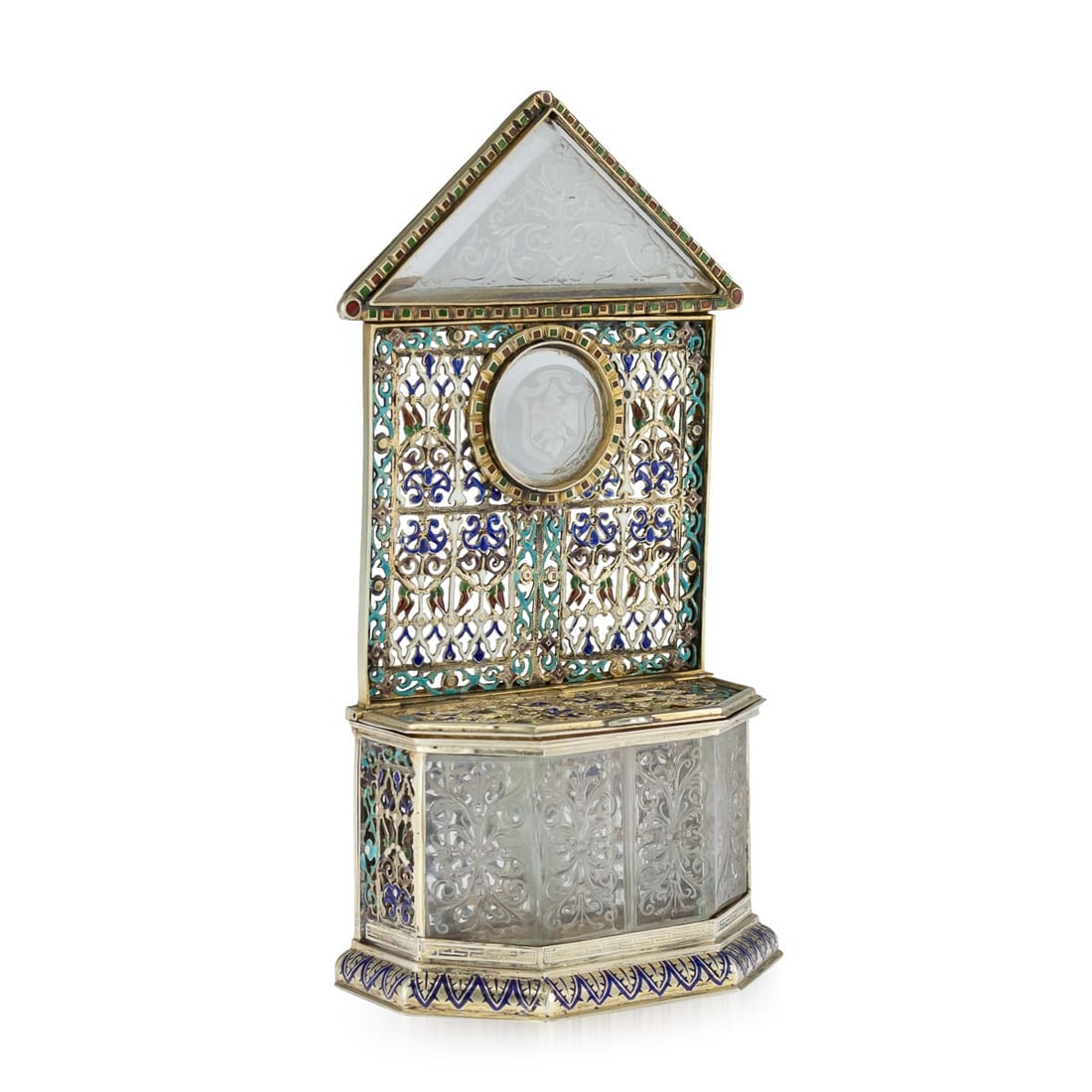 ANTIQUE 19thC AUSTRIAN SOLID SILVER-GILT & ENAMEL RELIQUARY, RUDOLF LINKE c.1890: Antique 19th Century Austrian rare and unusual solid silver-gilt & enamel reliquary, pierced and decorated with multi-coloured enamels, sides set with carved rock crystal panels and a carved