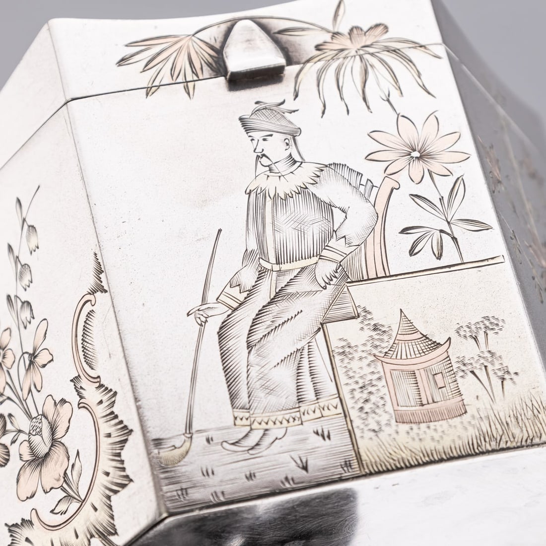 ANTIQUE 20thC RUSSIAN SOLID SILVER CHINOISERIE TEA CADDY, MOSCOW c.1900 - 12