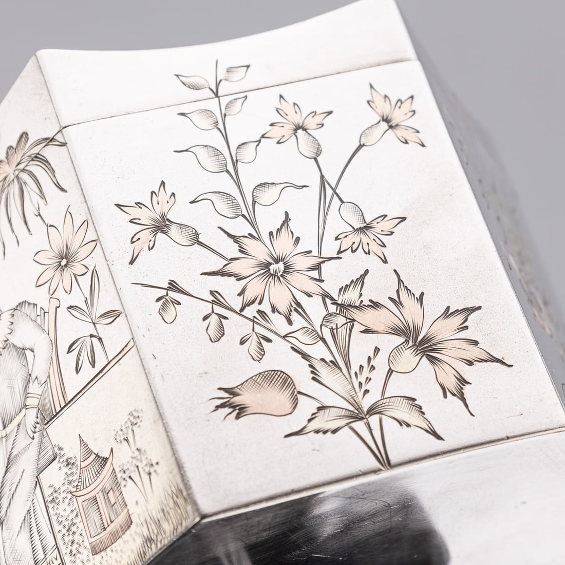 ANTIQUE 20thC RUSSIAN SOLID SILVER CHINOISERIE TEA CADDY, MOSCOW c.1900 - 13
