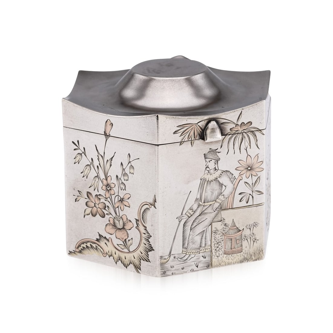 ANTIQUE 20thC RUSSIAN SOLID SILVER CHINOISERIE TEA CADDY, MOSCOW c.1900: Antique early 20th Century Imperial Russian partly gilt solid silver hexagonal tea caddy featuring a detailed Chinoiserie design, depicting a seated scholar surrounded by flowers. The decoration is