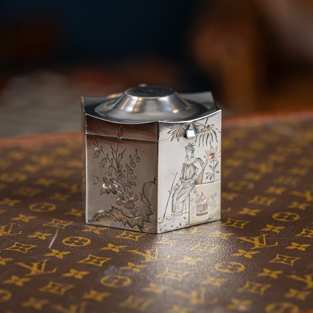 ANTIQUE 20thC RUSSIAN SOLID SILVER CHINOISERIE TEA CADDY, MOSCOW c.1900 - 2