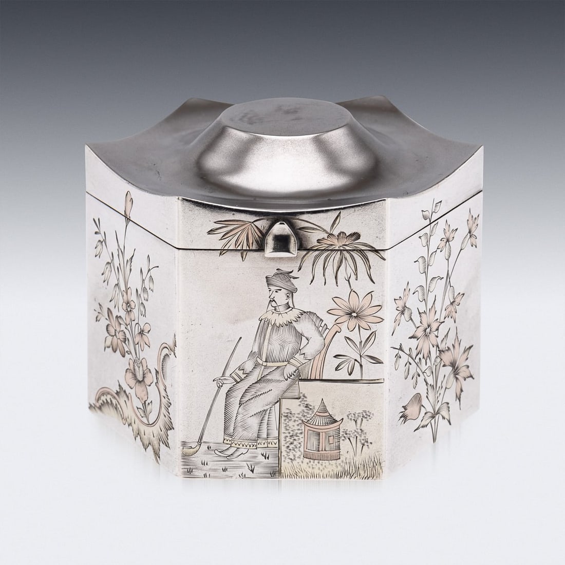 ANTIQUE 20thC RUSSIAN SOLID SILVER CHINOISERIE TEA CADDY, MOSCOW c.1900 - 3
