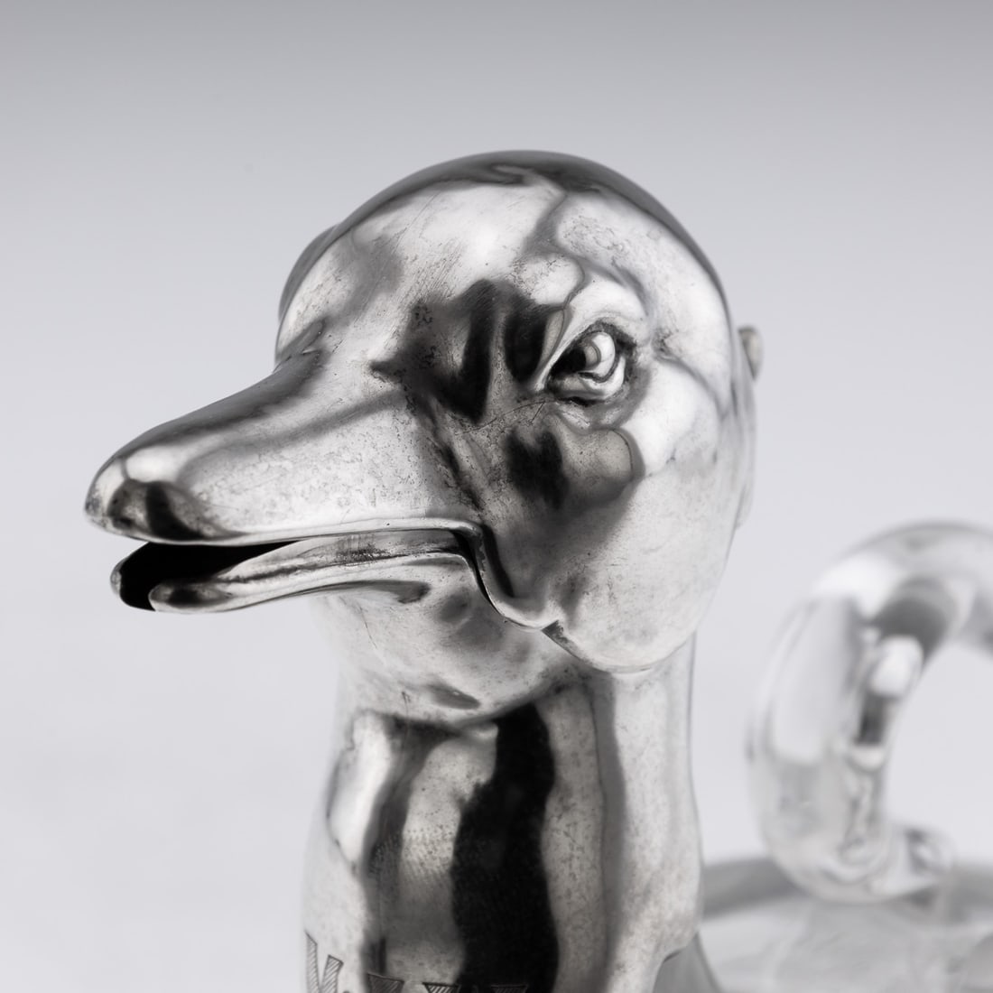 20thC CONTINENTAL SOLID SILVER & CLEAR GLASS NOVELTY 'DUCK' CLARET JUG - 18