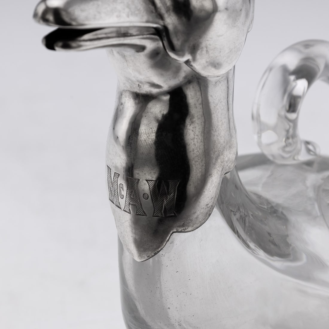 20thC CONTINENTAL SOLID SILVER & CLEAR GLASS NOVELTY 'DUCK' CLARET JUG - 19