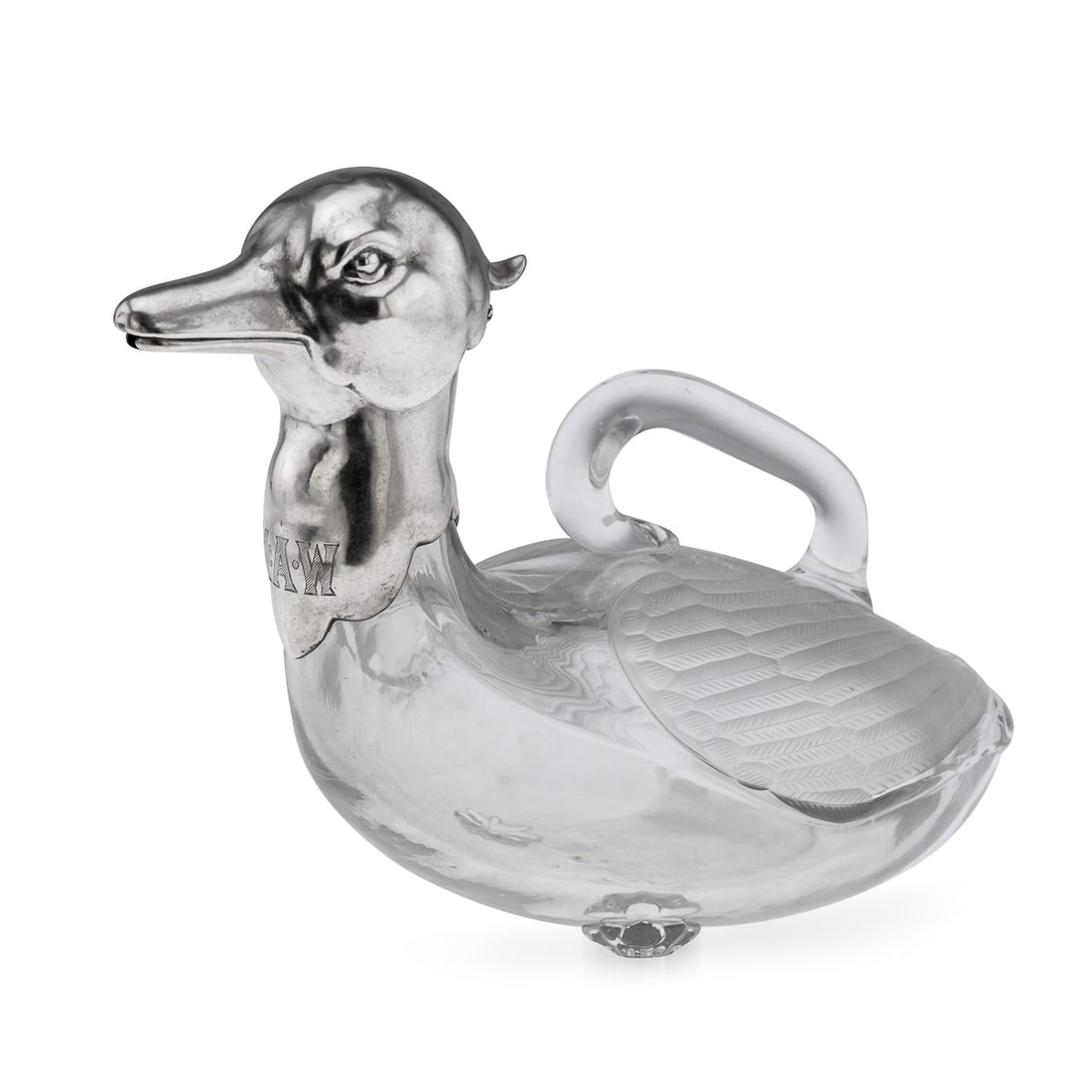20thC CONTINENTAL SOLID SILVER & CLEAR GLASS NOVELTY 'DUCK' CLARET JUG: A superb 20th Century Continental solid silver & clear glass novelty claret jug, realistically modelled as a duck with its head slightly raised, with a silver sprung-hinged head. The clear glass