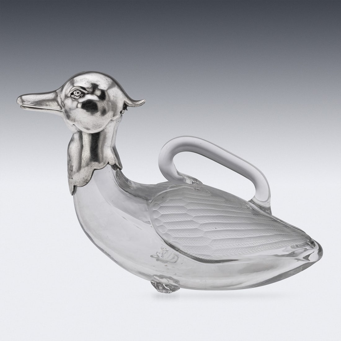 20thC CONTINENTAL SOLID SILVER & CLEAR GLASS NOVELTY 'DUCK' CLARET JUG - 2