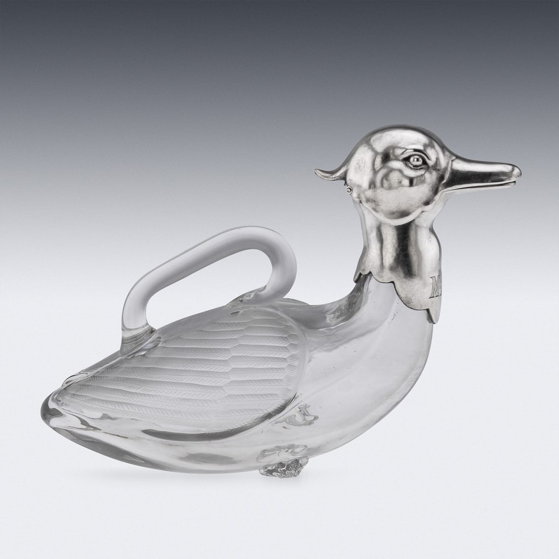 20thC CONTINENTAL SOLID SILVER & CLEAR GLASS NOVELTY 'DUCK' CLARET JUG - 4
