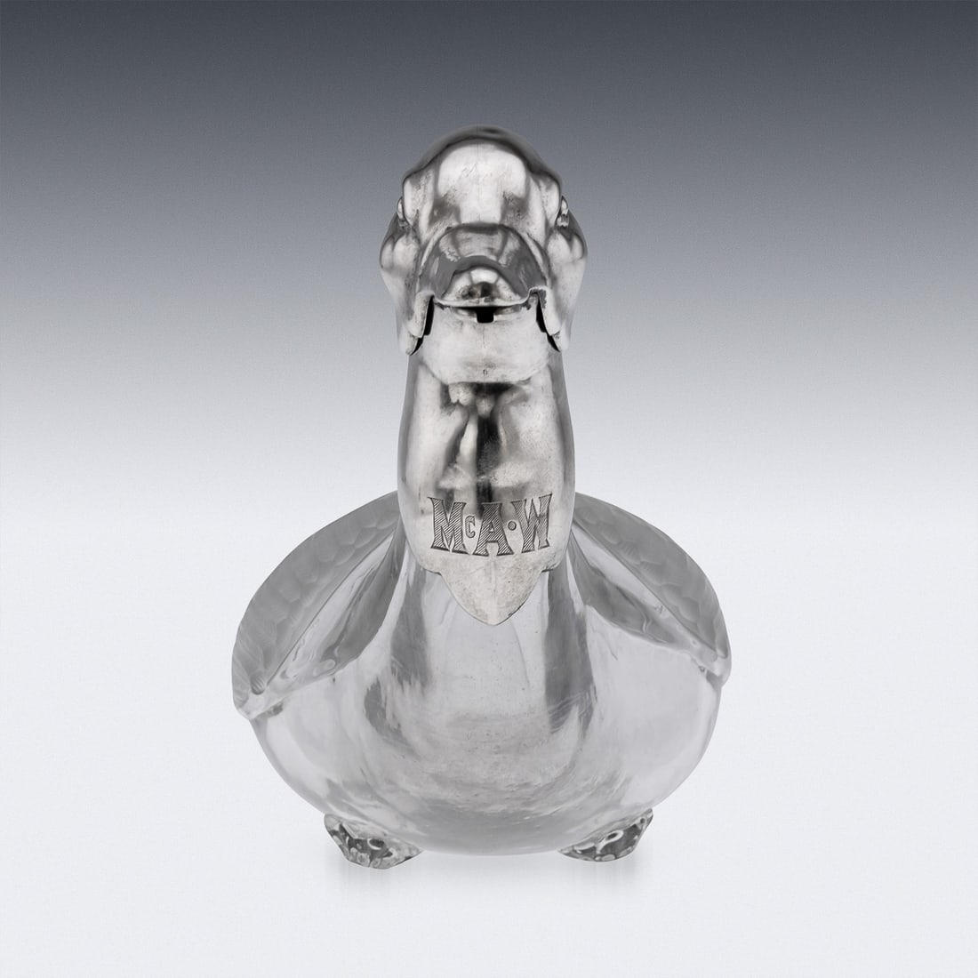 20thC CONTINENTAL SOLID SILVER & CLEAR GLASS NOVELTY 'DUCK' CLARET JUG - 5
