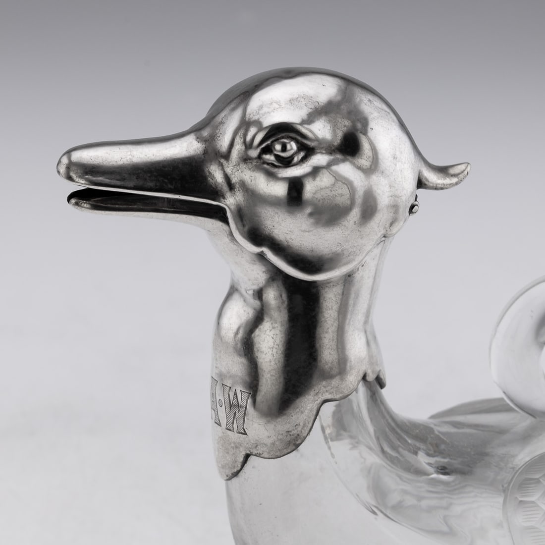20thC CONTINENTAL SOLID SILVER & CLEAR GLASS NOVELTY 'DUCK' CLARET JUG - 8