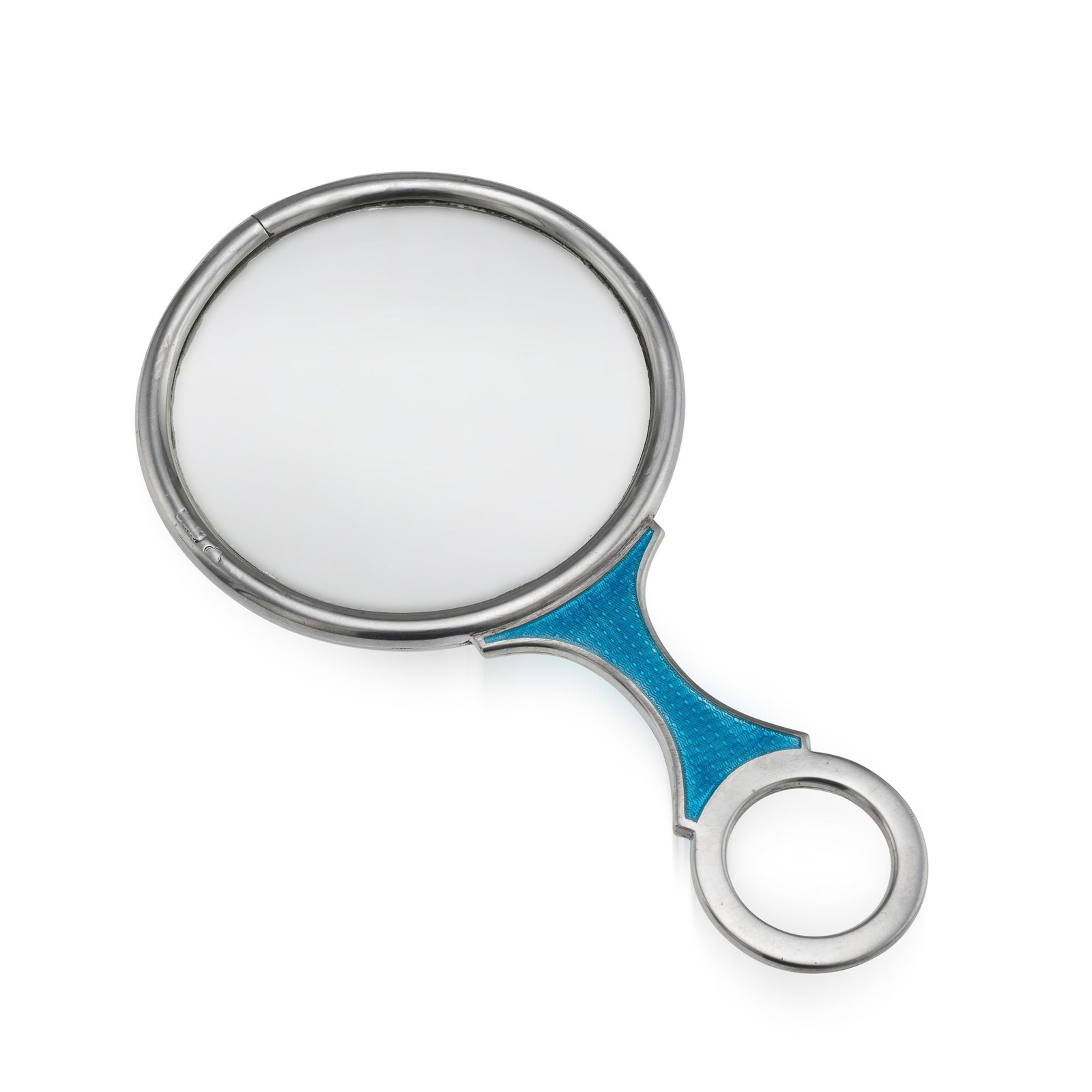ANTIQUE 20thC ENGLISH SOLID SILVER & GUILLOCHÉ ENAMEL LARGE MAGNIFYING GLASS: Antique 20th Century Edwardian solid silver and guilloché enamel large magnifying glass. The lens is set within a plain silver rim, complemented by a finely engine-turned silver handle, applied