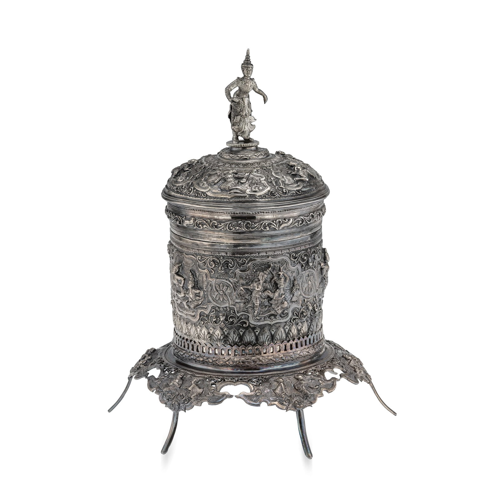 ANTIQUE 19thC BURMESE SOLID SILVER BETEL BOX ON STAND, RANGOON c.1890: Antique late 19th Century exceptional Burmese (Myanmar) solid silver betel box on stand, repoussé decorated in high relief with scenes from Burmese mythology, depicting scenes from the Jataka