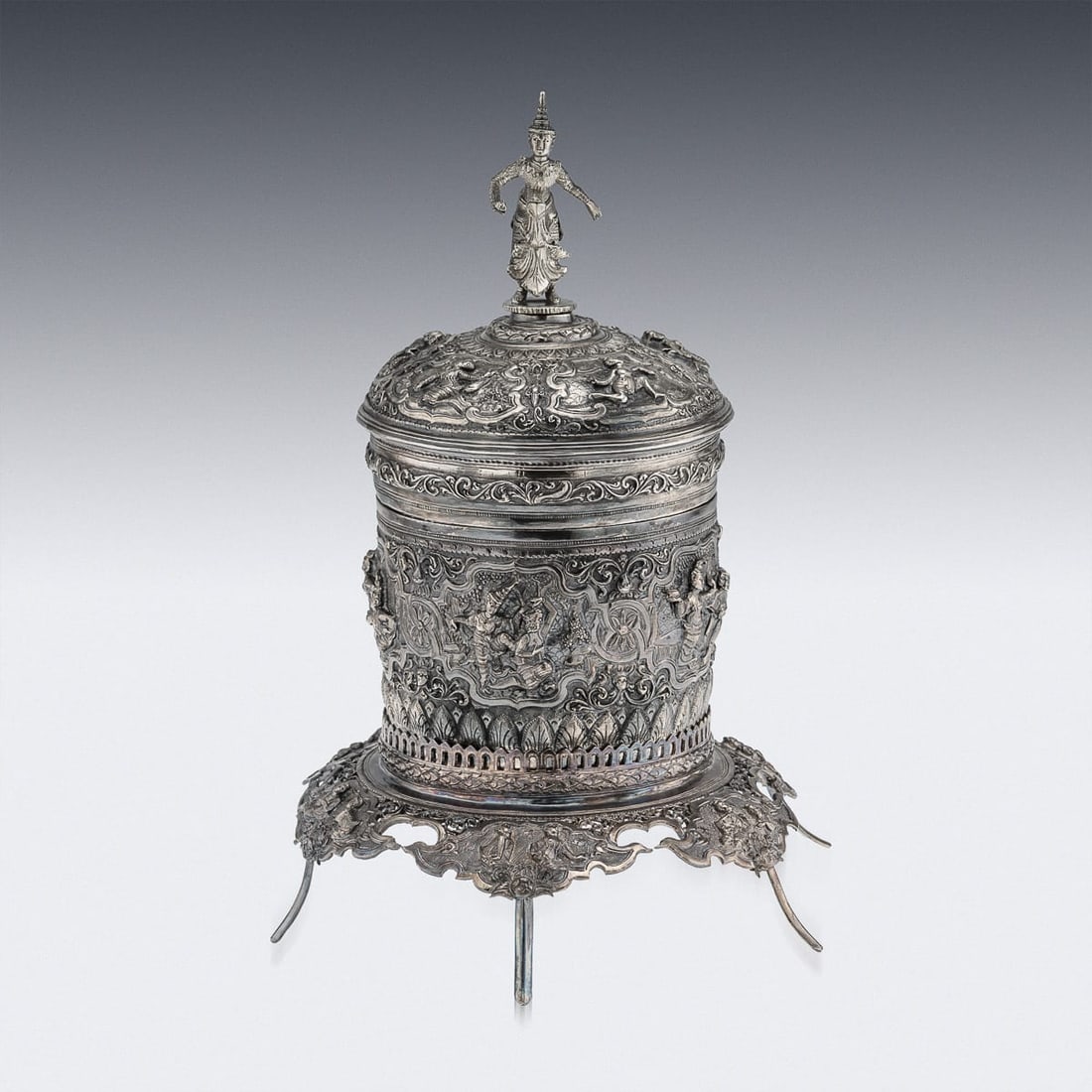 ANTIQUE 19thC BURMESE SOLID SILVER BETEL BOX ON STAND, RANGOON c.1890 - 3