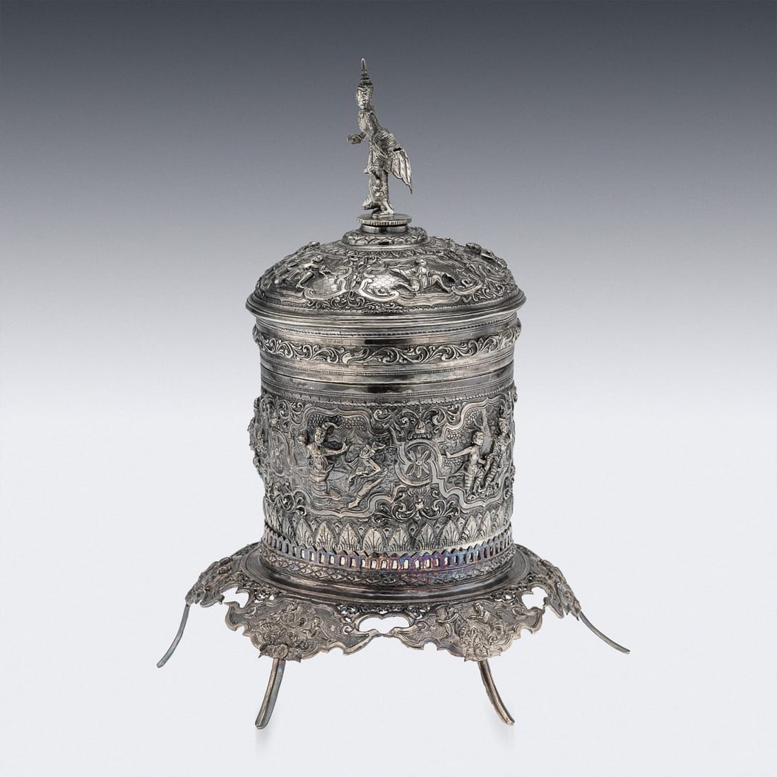 ANTIQUE 19thC BURMESE SOLID SILVER BETEL BOX ON STAND, RANGOON c.1890 - 4