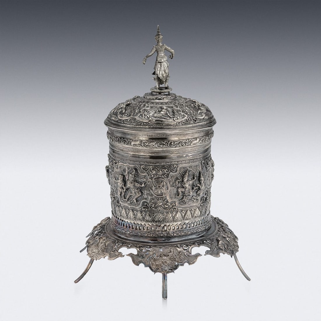 ANTIQUE 19thC BURMESE SOLID SILVER BETEL BOX ON STAND, RANGOON c.1890 - 5