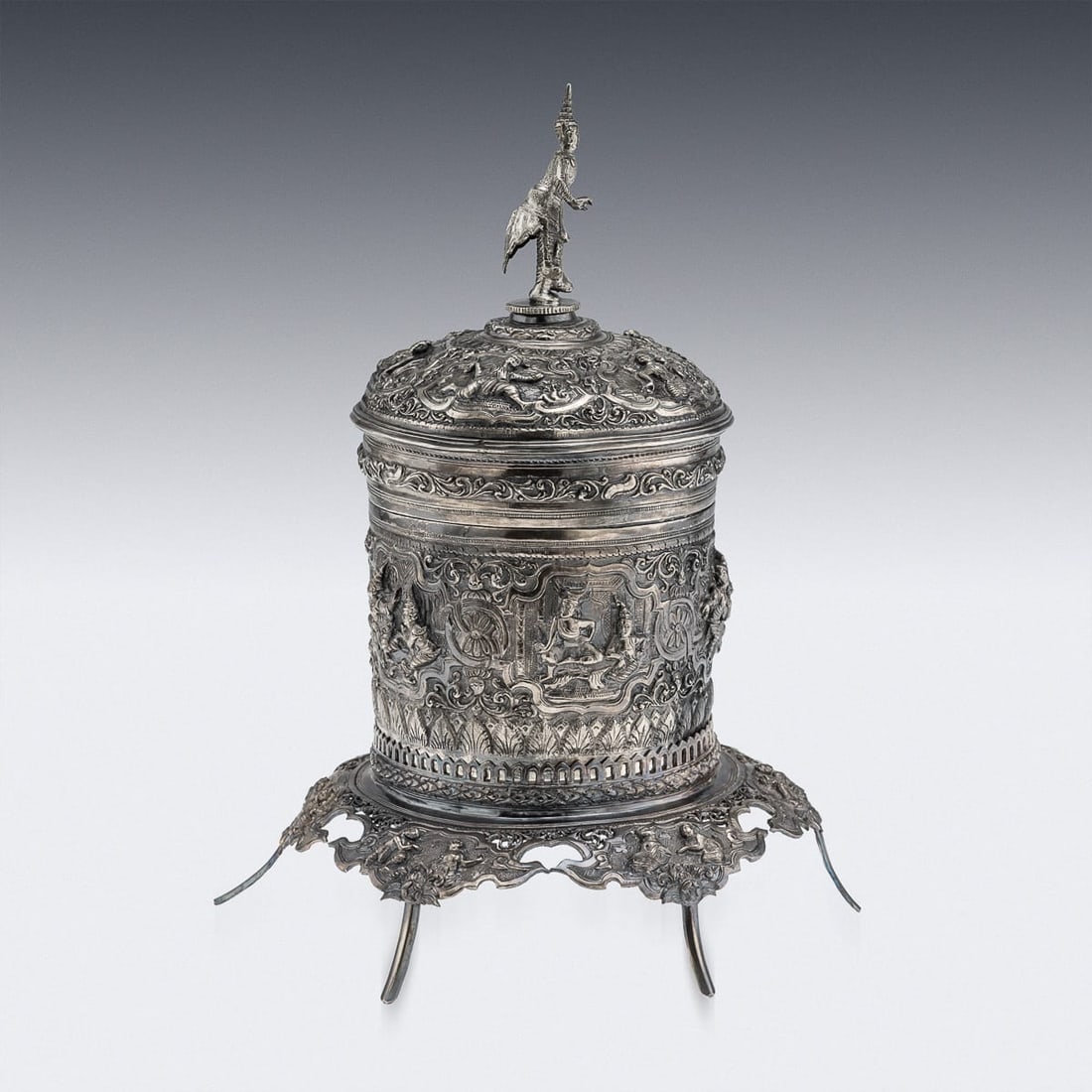 ANTIQUE 19thC BURMESE SOLID SILVER BETEL BOX ON STAND, RANGOON c.1890 - 6