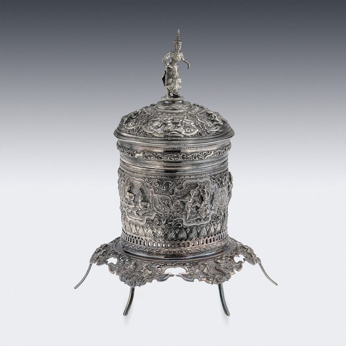 ANTIQUE 19thC BURMESE SOLID SILVER BETEL BOX ON STAND, RANGOON c.1890 - 7