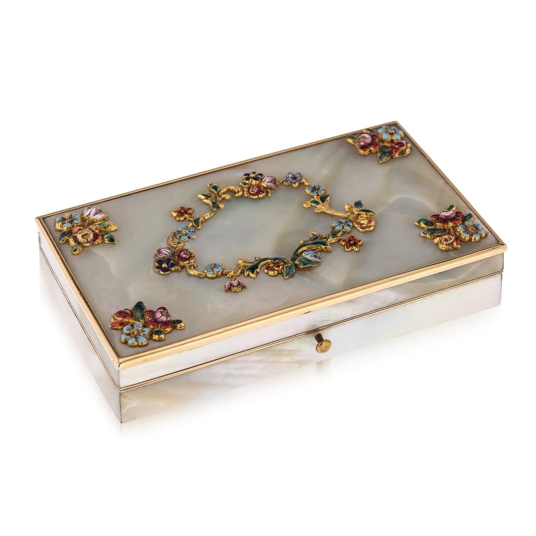 ANTIQUE 19thC FRENCH GOLD MOUNTED & MOTHER OF PEARL ETUI SET c.1870: Antique 19th Century French gold mounted on mother of pearl, extensive traveling etui set, of elongated octagonal form, the gold mounted with polished mother of pearl panels and the lid applied with