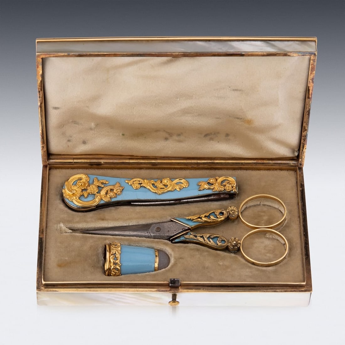 ANTIQUE 19thC FRENCH GOLD MOUNTED & MOTHER OF PEARL ETUI SET c.1870 - 6