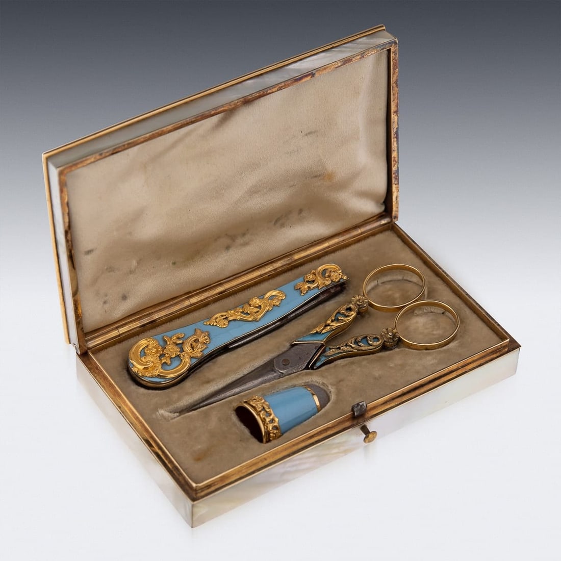 ANTIQUE 19thC FRENCH GOLD MOUNTED & MOTHER OF PEARL ETUI SET c.1870 - 7