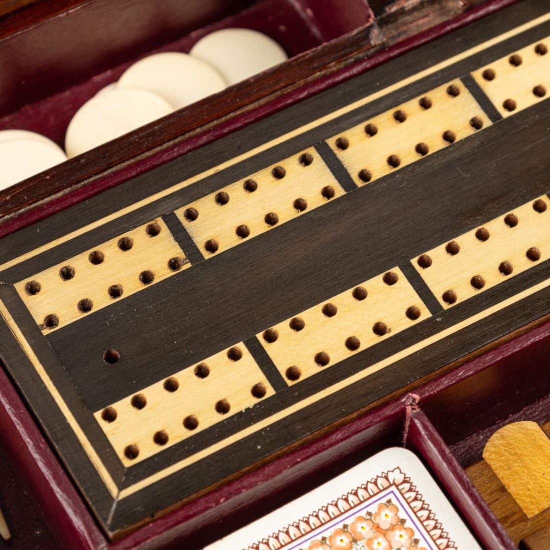 ANTIQUE 20thC ENGLISH TANTALUS WITH GAMES COMPENDIUM - 13