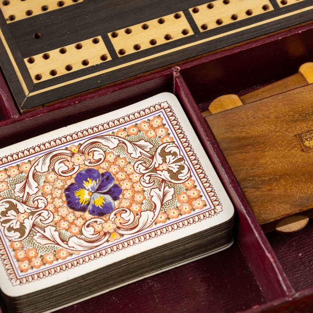 ANTIQUE 20thC ENGLISH TANTALUS WITH GAMES COMPENDIUM - 20