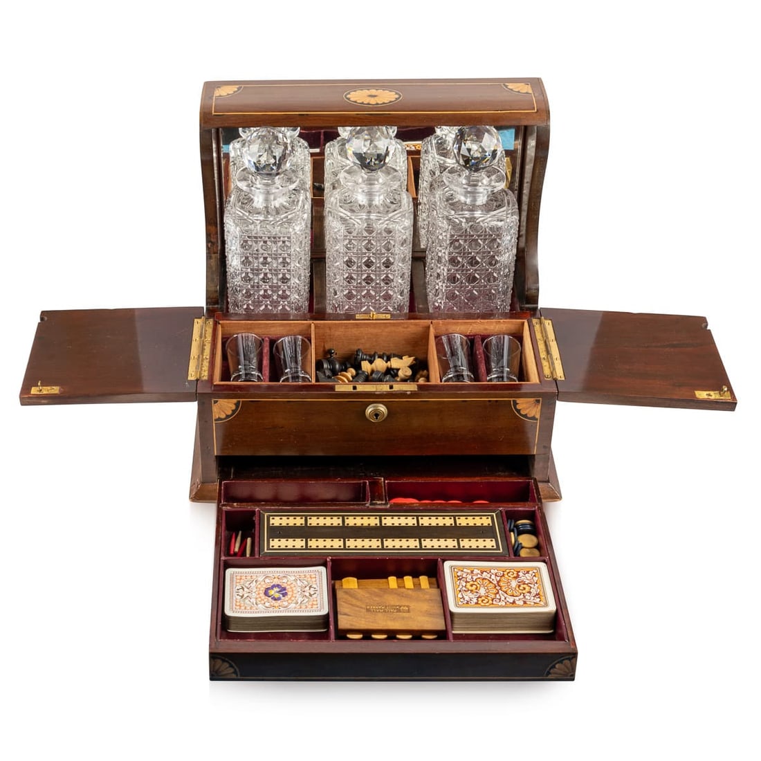 ANTIQUE 20thC ENGLISH TANTALUS WITH GAMES COMPENDIUM - 2
