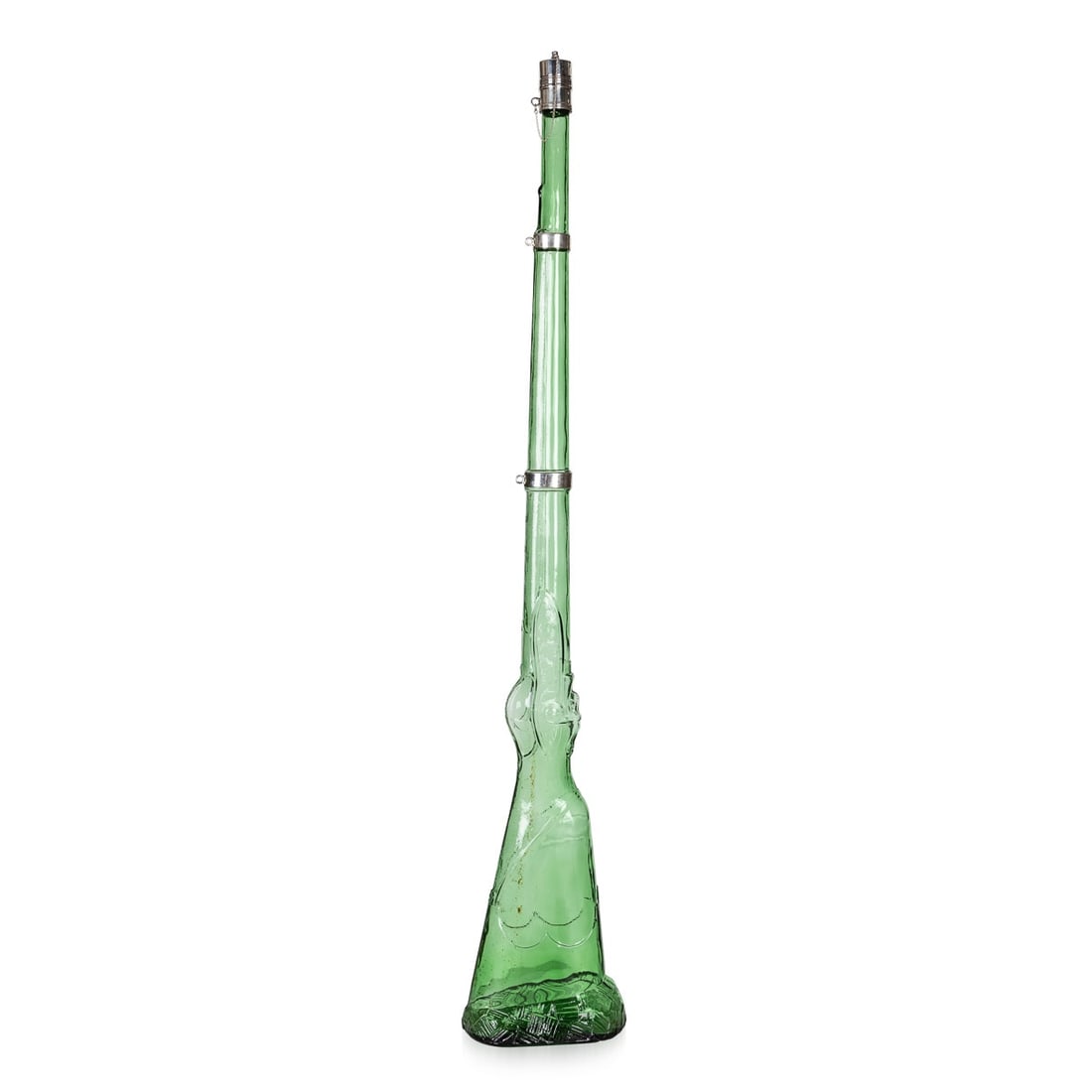 ANTIQUE 20thC FRENCH SOLID SILVER & BLOWN GLASS RIFLE DECANTER c.1920: Antique early 20th Century French solid silver and blown glass decanter. Of very large size, modelled as a rifle, glass mounted with elegant silver mounts and screw on stopper. This decanter can hold