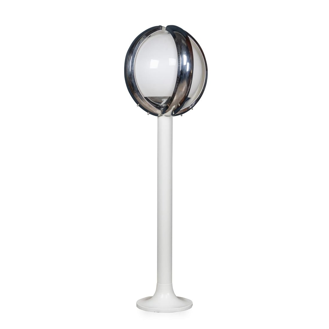 A 20th CENTURY ITALIAN "SPACE AGE" FLOOR LAMP WITH HAND BLOWN VENETIAN GLASS: An elegant chrome and glass floor lamp made in Italy around the middle of the 20th century. The white lacquered stand supports a glass ball which has been entirely realised by hand by the expert
