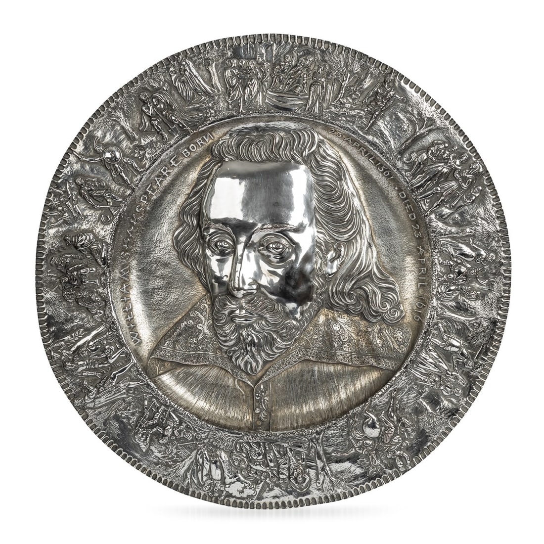 ANTIQUE 19thC VICTORIAN SILVER PLATED SHAKESPEARE CHARGER, ELKINGTON c.1850: Antique mid 19th Century Victorian electroplated charger, featuring a depiction of William Shakespeare, Born 23 April 1561 - Died 23 April 1616. The charger is of a notably large size, with elaboratel