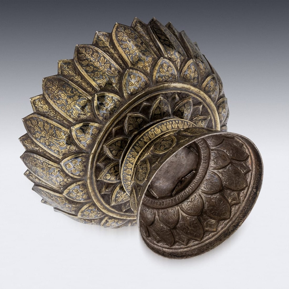 ANTIQUE 19thC THAI SOLID SILVER-GILT NIELLO ENAMEL BOWL, SIAM c.1800 - 7