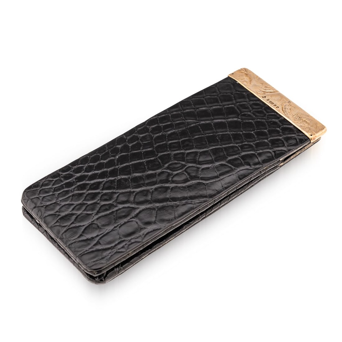 20thC BRITISH SOLID GOLD & BLACK CROCODILE LEATHER CIGAR CASE, ALFRED DUNHILL: A stylish 20th Century 9k gold mounted on sumptuous black crocodile leather cigar case. Made by Alfred Dunhill in the 1990's, the perfect way to carry a small selection of your favourite cigars