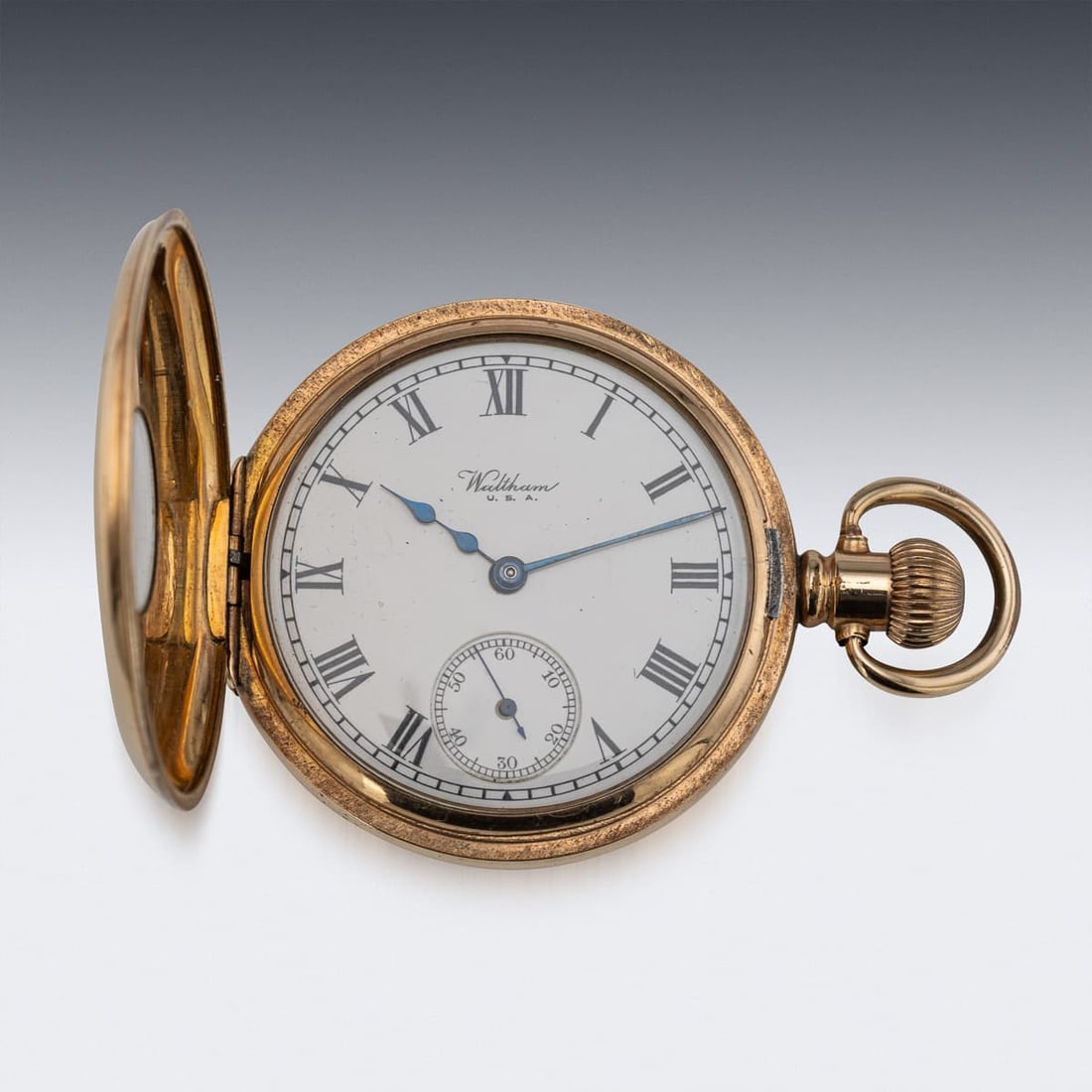 20thC WALTHAM U.S.A. 10CT GOLD FILLED HALF HUNTER POCKET WATCH, DENNISON CASE - 3