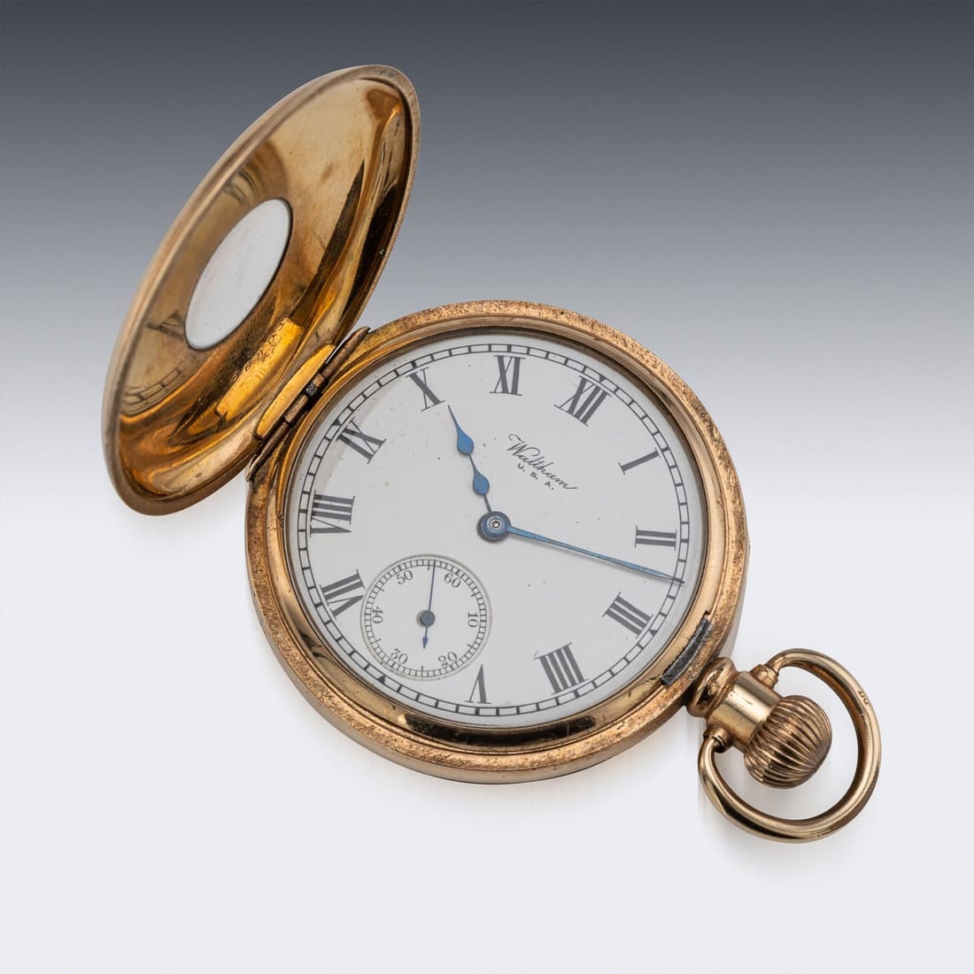 20thC WALTHAM U.S.A. 10CT GOLD FILLED HALF HUNTER POCKET WATCH, DENNISON CASE - 4