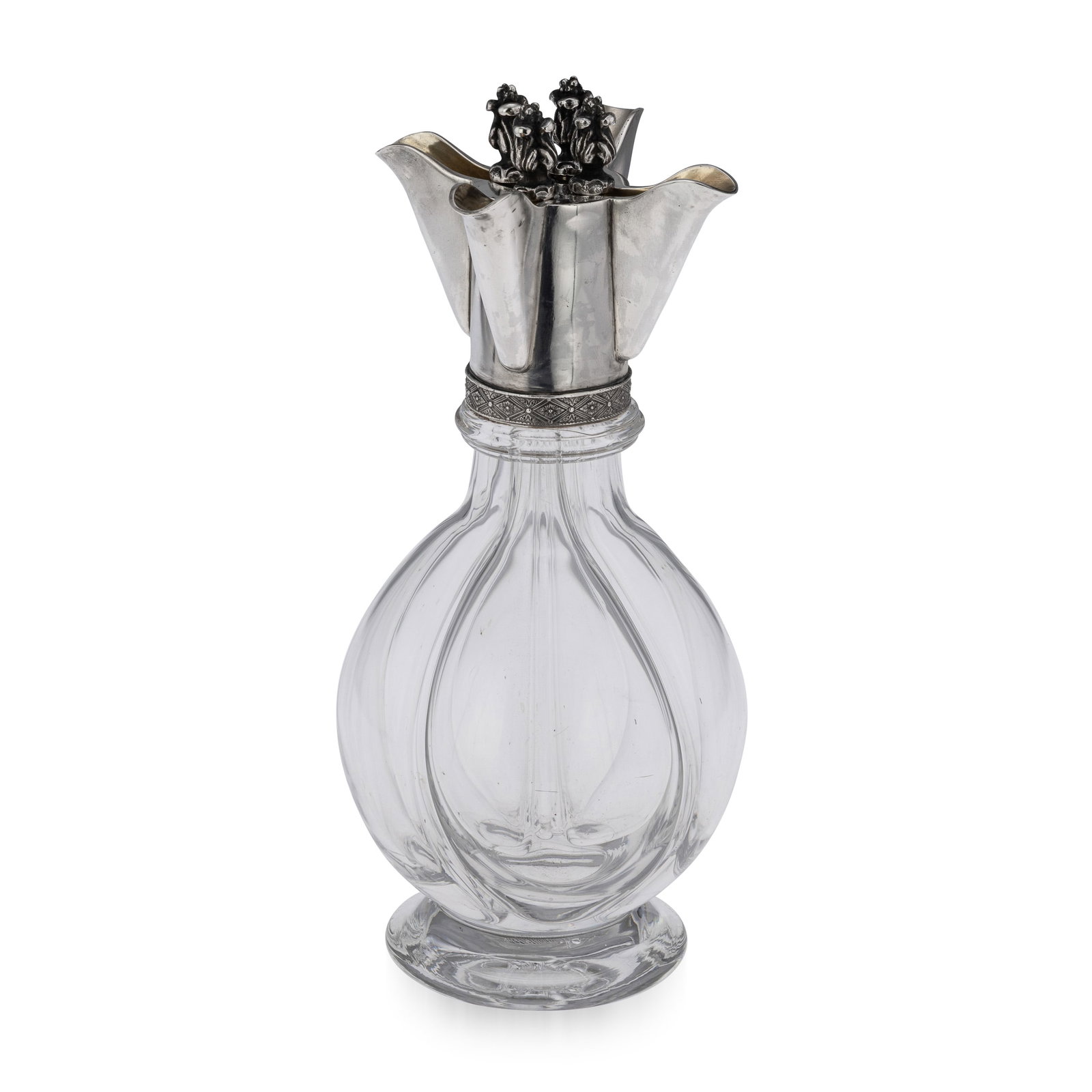 ANTIQUE 20thC RUSSIAN SOLID SILVER FOUR CHAMBER LIQUEUR BOTTLE, MOSCOW c.1900: Antique early 20th Century Russian solid silver four-chamber segmented liqueur bottle. The bulbous body rests on a flared glass foot, topped with a silver-mounted four-spout collar, decorated with a