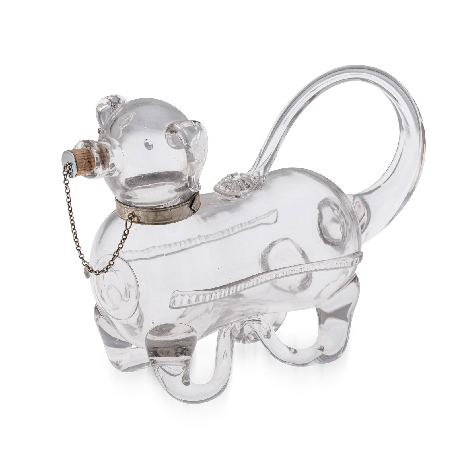 ANTIQUE 19thC VICTORIAN SILVER PLATE, BRASS & GLASS NOVELTY DOG CLARET JUG c.1890: Antique 19th Century Victorian silver plated & glass dog shaped claret jug. The jug features a meticulously crafted glass body, shaped to resemble a dog. A metal collar is connected by a chain to