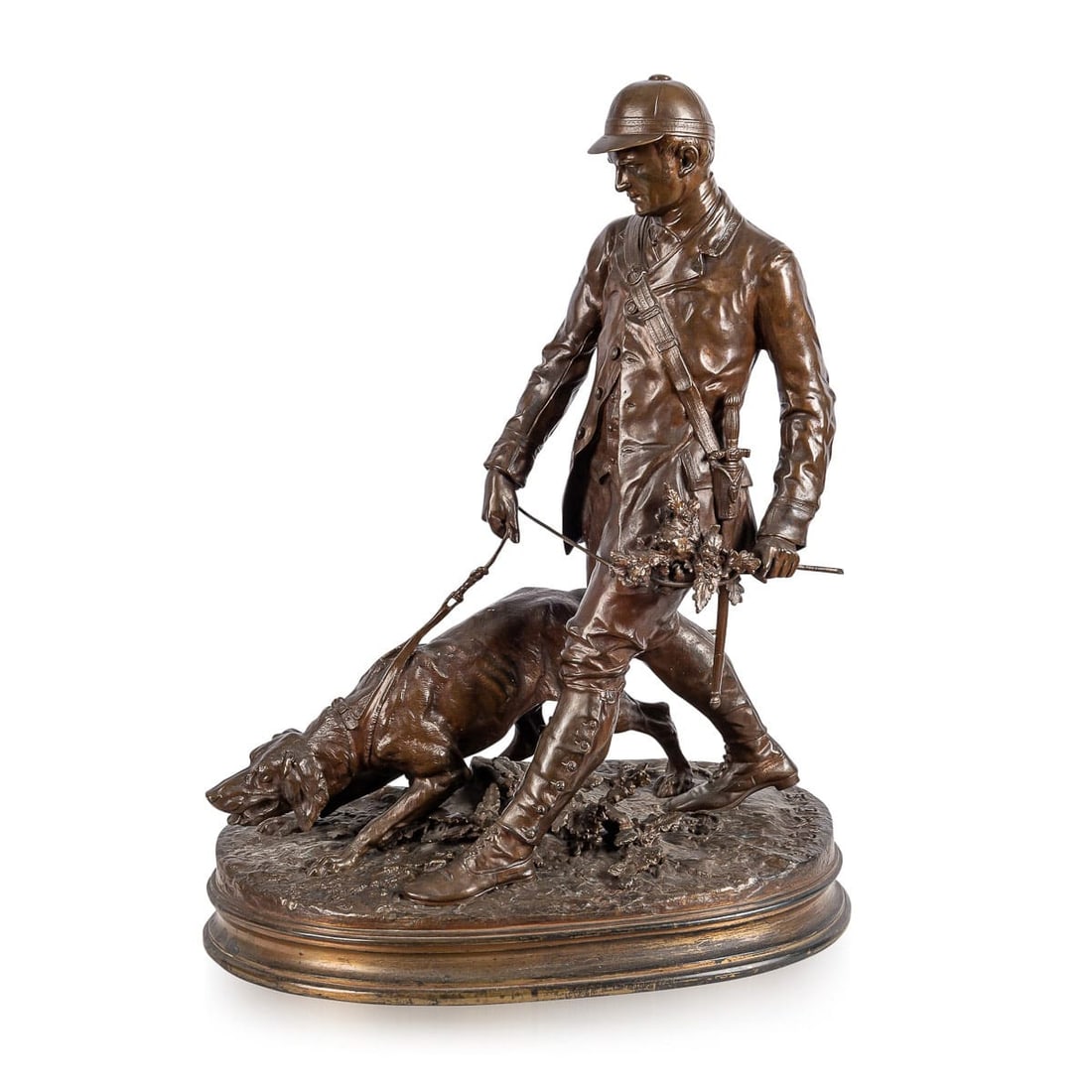 ANTIQUE 19thC FRENCH BRONZE 'VALET DE LIMIER', PIERRE JULES MÉNE c.1879: Antique 19th Century French patinated bronze by Pierre Jules Méne (French, 1810-1871), of 'Valet de Limier (The Bloodhound Handler)', the huntsman led by his dog on oval naturalistic base,