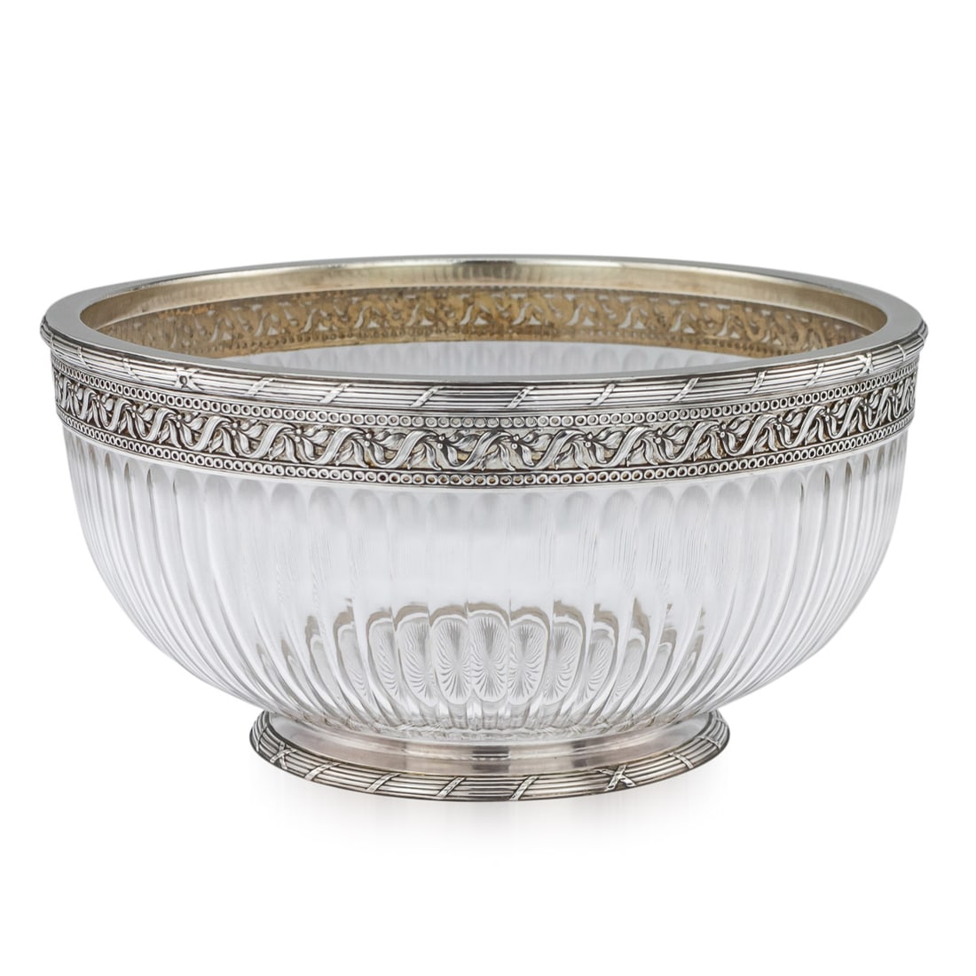 ANTIQUE 20thC FRENCH EMPIRE SOLID SILVER & GLASS BOWL, PARIS c.1900: Antique early-20th Century French Empire style solid silver large centerpiece bowl. The inverted fluted glass, mounted with a pierced silver rim and decorated with flowers, beads, ribon tied, reeded