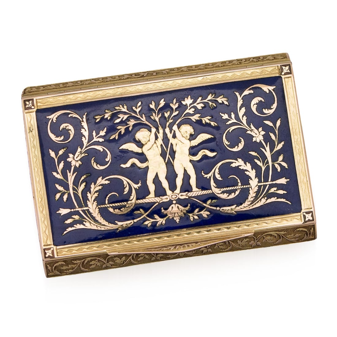 ANTIQUE 19thC GERMAN GOLD & ENAMEL IMPORTANT PRESENTATION SNUFF BOX, HANAU c.1830: Antique 19th Century extremely rare German 18 carat solid gold and enamel snuff box, rectangular form, the hinged cover with blue enamelled panel depicting two cherubs among scrolling foliage, the