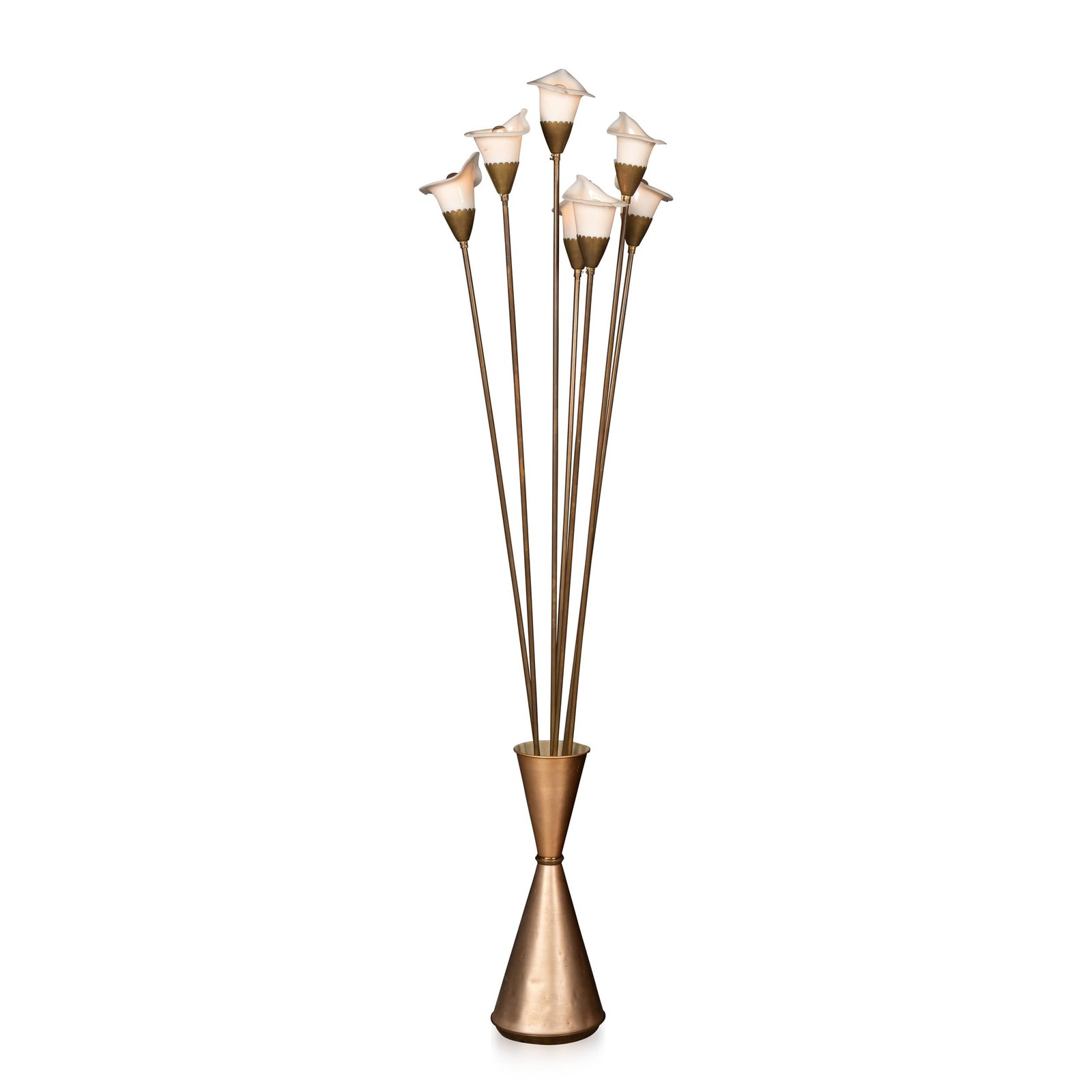 VINTAGE 20thC ITALIAN 'CALLA' FLOOR LAMP BY ANGELO LELLI FOR ARREDOLUCE c.1960: Iconic “Calla” floor lamp designed by Angelo Lelli for Arredoluce, Monza, Italy, circa 1950. This sculptural lamp features a solid copper conical base with elegant brass stems rising to su