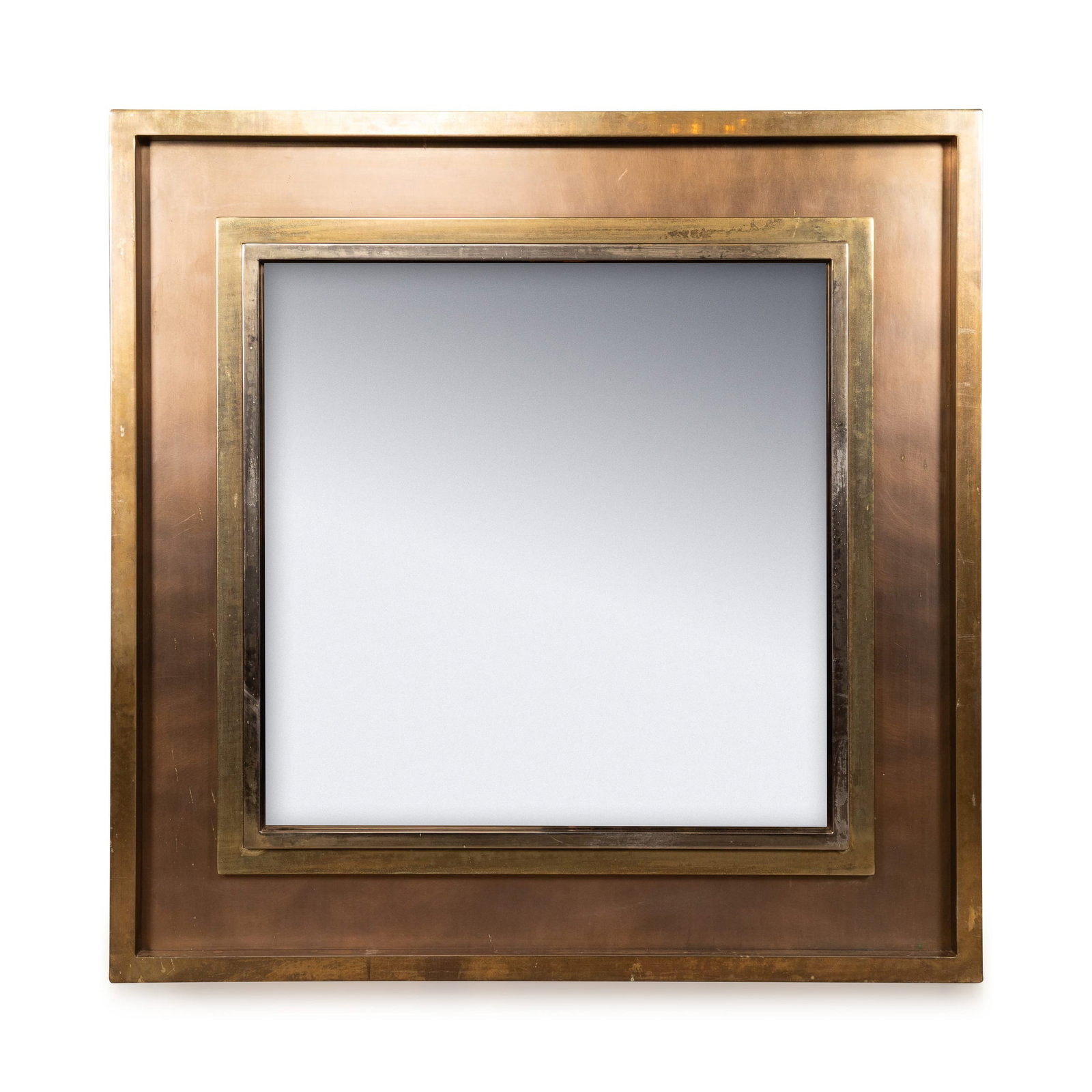 VINTAGE 20thC BRASS & BRONZED SQUARE MIRROR BY BELGO CHROM, BELGIUM: A vintage 20th Century large statement mirror from Belgo Chrome. A deep bronzed square, framing a smoked glass mirror surrounded by a double brass frame altogether creating a simple yet stunning