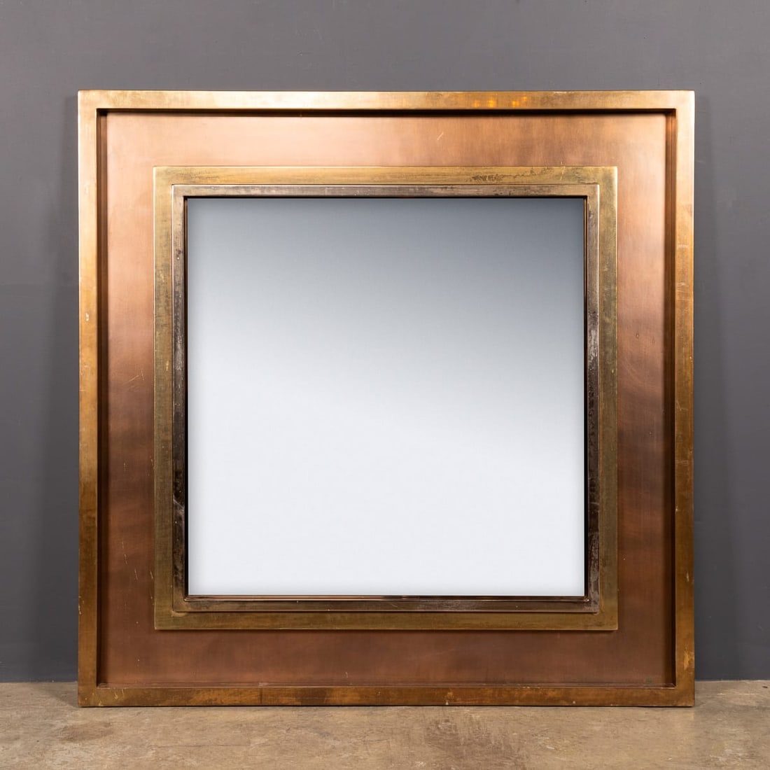VINTAGE 20thC BRASS & BRONZED SQUARE MIRROR BY BELGO CHROM, BELGIUM - 2