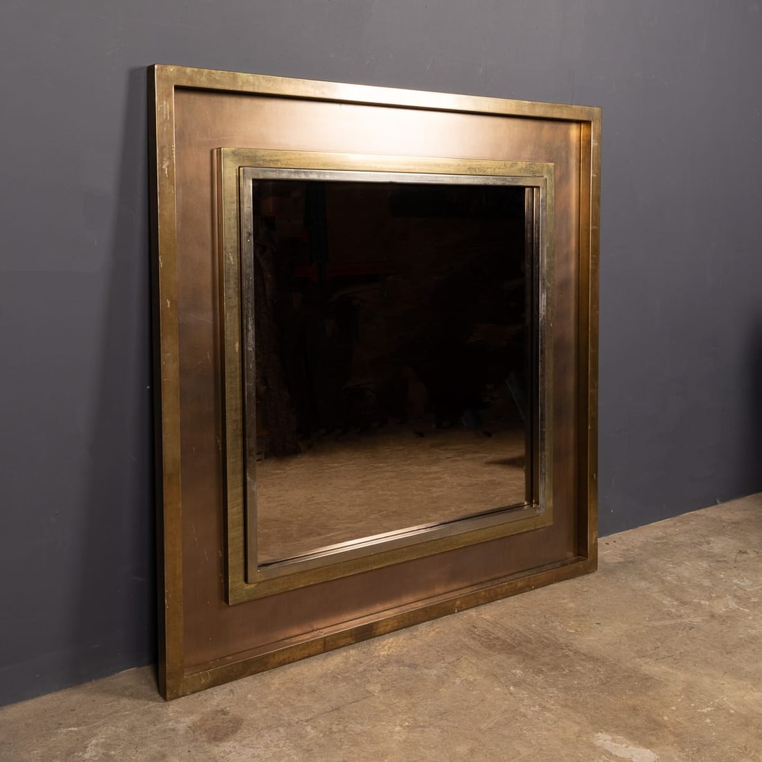 VINTAGE 20thC BRASS & BRONZED SQUARE MIRROR BY BELGO CHROM, BELGIUM - 3