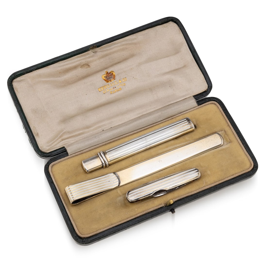 ANTIQUE 20thC ENGLISH SOLID SILVER & ENAMEL DESK ACCESSORY SET c.1912: Antique 20th Century English gilt solid silver and enamel desk set, comprising a pencil, letter opener, and small knife. Each piece is decorated with inlaid white enamel, with the pencil reflecting an