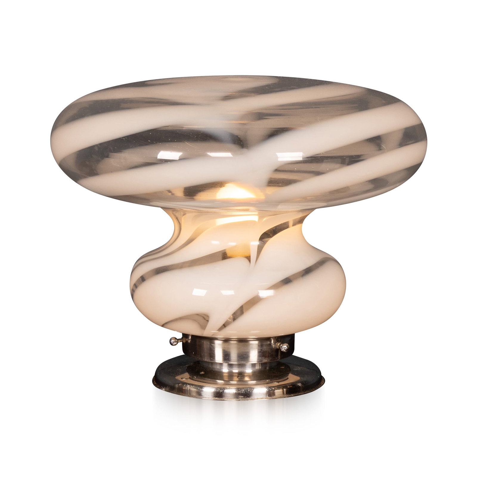 VINTAGE 20thC ITALIAN HAND BLOWN GLASS TABLE LAMP, MURANO c.1970: A striking Italian table lamp dating to the 1970s, featuring a sculptural Murano glass shade with bold white swirling decoration suspended within clear glass. The organic, mushroom-like form